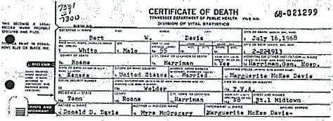 Bruce Davis' father's Death Certificate